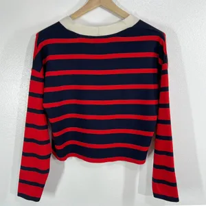 ASOS DESIGN Red Navy Blue Striped Cropped‎ Cardigan White Trim V-Neck Women XS thumbnail 2