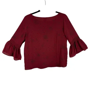 Ann Taylor Red Black Patterned Round Neck 3/4 Bell Sleeve Lightweight‎ Blouse S thumbnail 2