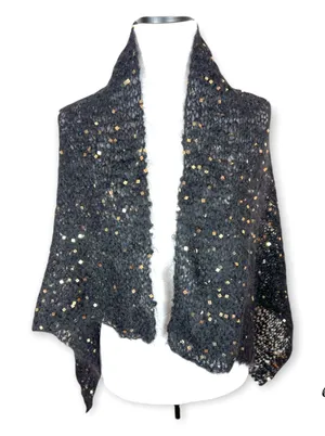 Womens Black Mohair Evening Wrap Shawl Gold Square Sequins Handknit thumbnail 1