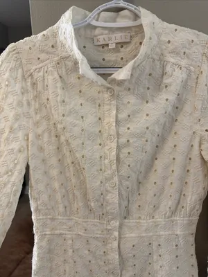 $198 Karlie Cream Eyelet Button-Front Ruffle Mini Dress M thumbnail 5