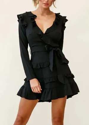 Saints + secret Ruffled Long-Sleeve Wrap Mini Dress - Black thumbnail 1