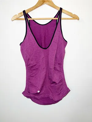 Lululemon Women’s In The Flow Purple Low Open Back Tank Top w/ Black Trim and Ruched Sides thumbnail 5