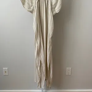 Indah Rayon Boho Beachy Coastal Flowy Striped Smocked Maxi Dress S/M Tan White thumbnail 3