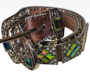 West Star Texas Brown Leather Rhinestone Belt Chameleon Crystals Y2K Cowboy Core 41 inches thumbnail 2