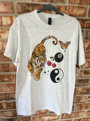 Gildan Light Gray Tee with Tiger, Butterfly, Cherries & Yin Yang Graphics thumbnail 1