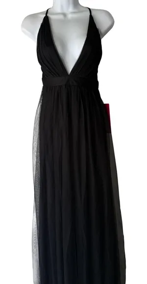 Luxxel Dress Small Black Plunge Maxi Gown Criss Cross Back NWT Fairy‎ Grunge thumbnail 1