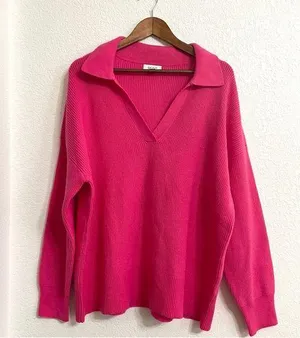 On 34th Womens Sweater Barbie Pink Collared Pullover V Neck Plus Size 2X thumbnail 1