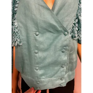 LERMAJ Vintage Teal Linen Blend Two Piece Set Lace Wrap Top Wide Leg Pants M/L thumbnail 8