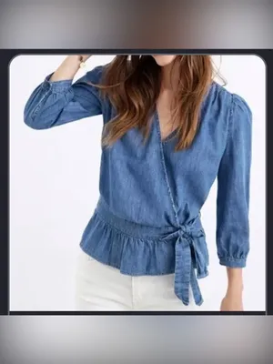 Madewell Blue Denim Wrap Peplum Blouse Size Medium Cottage Core thumbnail 2