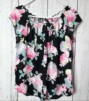 Lauren Conrad Women's Floral Print Tie Back Pleated Neck Blouse Sz M thumbnail 1