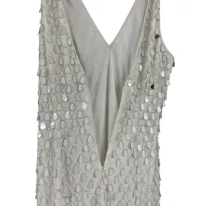 Liv Foster Beaded Sequin Lattice V-Neck Mini Dress Ivory Silver Size 6 thumbnail 6