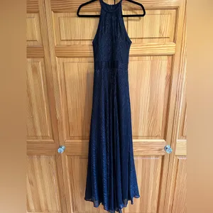 AQUA Formal Metallic Crinkle Halter Gown navy blue Size 0 NWOT thumbnail 2