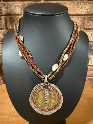 Chico's Medallion Multi Strand Necklace Garnet Tones Aztec style thumbnail 1