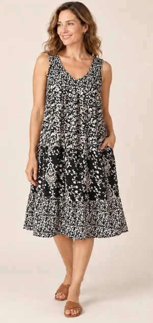The Vermont Country Store Midi Dress Women Small Black White Cotton Boho thumbnail 1