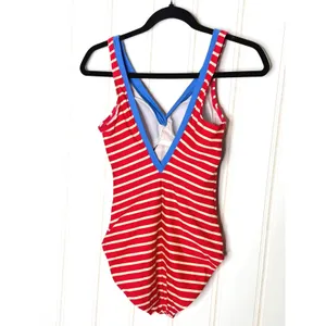 Boden Red White Striped One Piece Swimsuit Blue Trim Twist Front US 6 UK 10 thumbnail 3
