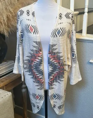 Mauve Tan & Burgundy Aztec Print Open Front Sweater WRAP Size Large thumbnail 1