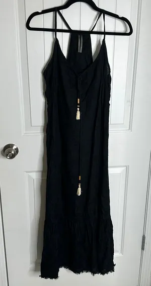 Anthropologie black linen maxi dress size XS ruffle oversize vacation minimalist thumbnail 3