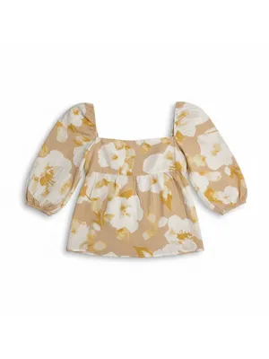 En Saison Floral Puff Sleeve Blouse Tan White NWT Medium‎ Smocked Babydoll thumbnail 4