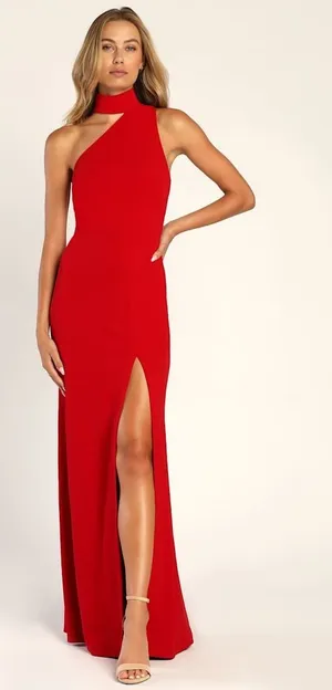 NWT Lulus Keep It Interesting Red Asymmetrical Cutout Halter Maxi Dress Party XS thumbnail 1