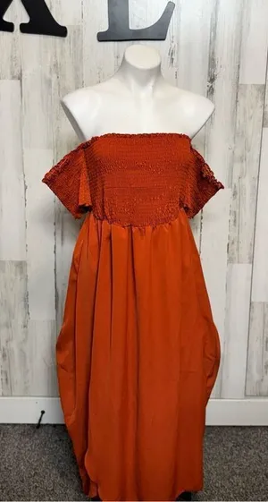 SHEIN Curve Rust Orange Off the Shoulder Maxi Dress Womens Plus Size 0XL Smocked thumbnail 1