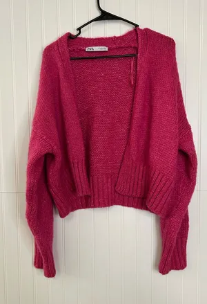 Zara Pink Open-Front Cropped Knit Cardigan Size Medium thumbnail 1