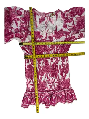 Farm Rio Tropical Woodcut Dress Pink Floral Appliqué Lace Resort Wear Smocked L thumbnail 16
