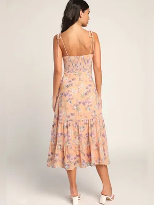 Lulus women’s Started With a Kiss Orange Floral Print Tie-Strap Tiered Dress L thumbnail 8