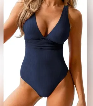 NWT CUPSHE One Piece Swimsuit Ruched Textured Ribbed navy blue size XS thumbnail 1