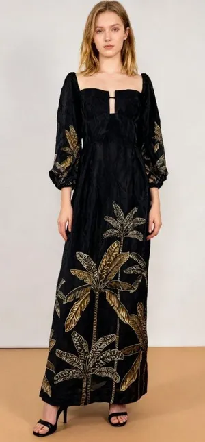NWOT Farm Rio Maxi Dress Size S Black Print Puff Sleeves Plant Short Sleeve thumbnail 1