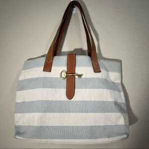 Fossil Rachel Blue Gray /Cream Coated Canvas KEY Leather Shoulder Tote Bag thumbnail 1