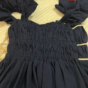Navy Blue Smocked Ruffled Open Side tie Top thumbnail 4
