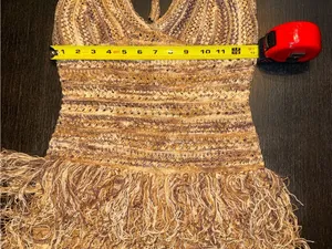 Women's Vintage Inspired Maillard Color Tassel Hem V-Neck Halter Mini Dress thumbnail 4