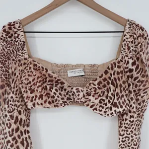 Naked Wardrobe Leopard Print Long Sleeve Crop Top Small Smocked Back thumbnail 3