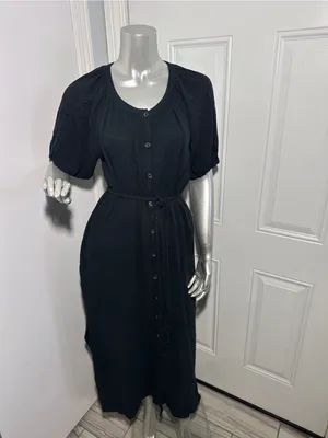 Marine Layer Erin Shirt Dress M Black Cotton Gauze Button Front Midi Puff Sleeve thumbnail 8