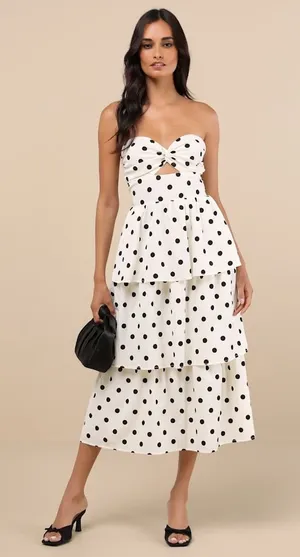 NWT Lulus Modie White Polka Dot Twist-Front Lace-Up Midi Dress Retro Party Sz M thumbnail 1