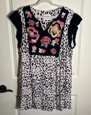 Savanna‎ Jane Boho Floral Embroidered Leopard Print Dress Flutter Sleeve Size 2X thumbnail 1