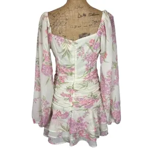 Showpo White Pink Floral Long Sleeve Mini Dress Ruched Waist Coquette Size 6‎ thumbnail 4