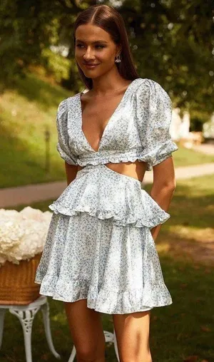 NEW White/Blue Floral Deep V Cutout Waist Ruffled Tiered Dress thumbnail 1