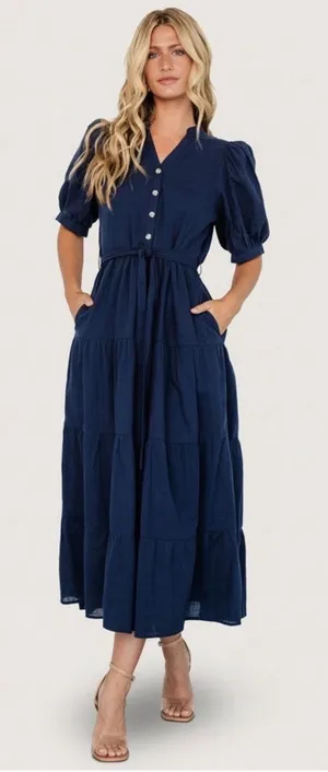 Baltic Born‎ Camille Maxi Dress Navy Blue Cotton Puff Sleeve Tiered Small NWT thumbnail 1