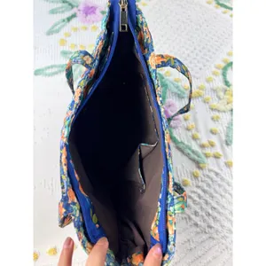 Blue‎ Floral Quilted Cotton Tote Bag Zippered Shoulder Bag with Pockets thumbnail 8
