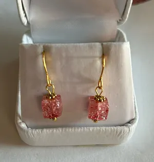 3/$20 Pink Red Square Crystal Ornate Gold Plated Dangling Drop Earrings thumbnail 1