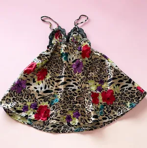 Sofia Intimates Leopard and Floral Satin Lace Trim‎ Chemise Slip Dress thumbnail 1
