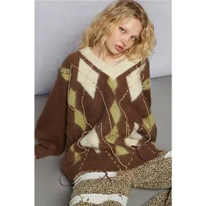 POL V-Neck Argyle Pattern Mohair Sweater with‎ Contrast Exposed Stitch Detail thumbnail 6