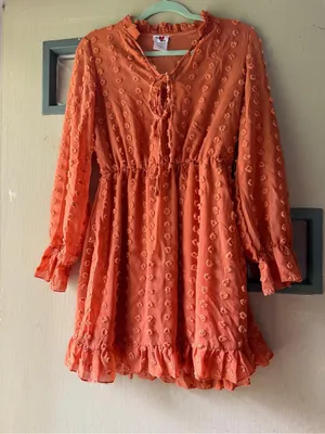 Women's Long Sleeve Ruffle Swiss Dot Dress in Orange thumbnail 1