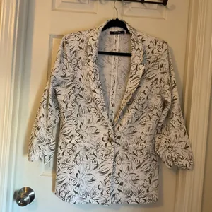 Briggs New York Tropical Leaf Print Linen-Blend Blazer Size M Sage Green thumbnail 2