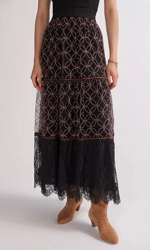 Anthropologie bl-nk embroidered chiffon and lace maxi skirt thumbnail 1