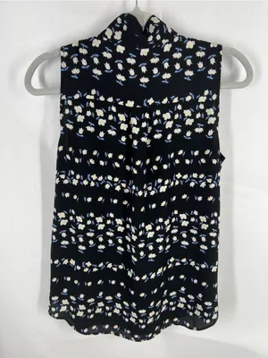 Ann Taylor Floral Tie Neck V-Neck Sleeveless Blouse Black Size S thumbnail 7
