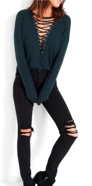 Express One-Eleven Green Lace Up Long Sleeve Top thumbnail 1
