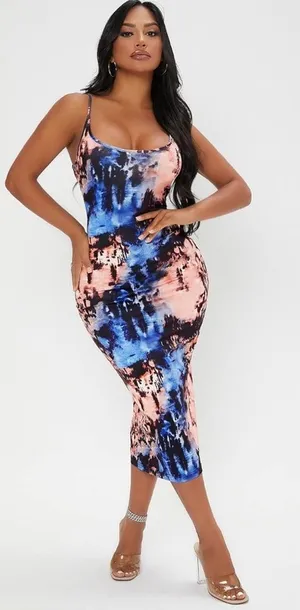 Amazon Women's Tie-Dye Midi Dress, Bodycon Dress Spaghetti Strap (Multicolor, Size: M) thumbnail 1
