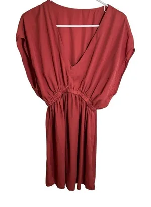 Womens Mini Dress V-Neck Short Dolman Sleeve Pink Red Elastic Waist A-Line Skirt thumbnail 1